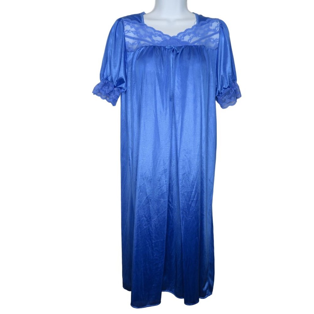 Vintage 70s Knee Length Nylon Nightgown S Blue Lace Short Sleeve Made in the USA
